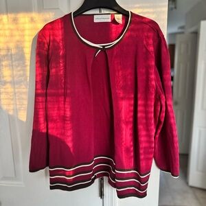 Alfred Dunner Women's L Cardigan Red White Trim Open Front Sweater Jacket Knit